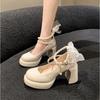 Модные туфли Мэри Джейн Женские Весенние Новые Сверхвысокий Каблук Жемчужная Цепочка Платформа Блочный Каблук Свадебные Туфли Лодочки Жемчужная Пряжка Обувь Лолиты