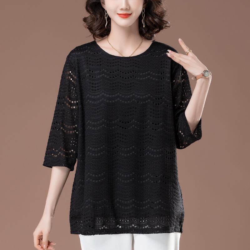 Кружевной топ с рукавом семь восьмых: Летний Большой Размер Свободного Кроя для Женщин Среднего Возраста, Модные Ажурные Рукава Средней Длины