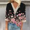 Женская модная футболка с V-образным вырезом и кружевным винтажным цветочным принтом, повседневный топ с семью рукавами