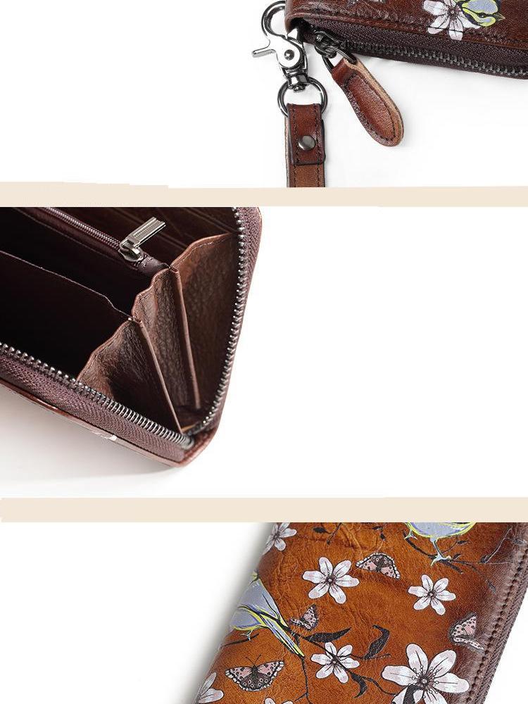 Johnature Retro Hand Painted Womens Wallets And Purses Genuine Leather Phone Purse Wallet Card Holder Hand Wallet