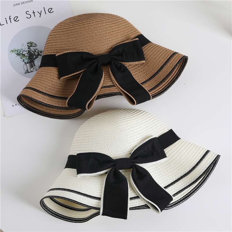 Summer Bowknot Decor Straw Hat Classic Simple Lightweight Sun Protection Hats Travel Seaside Outdoor for Women