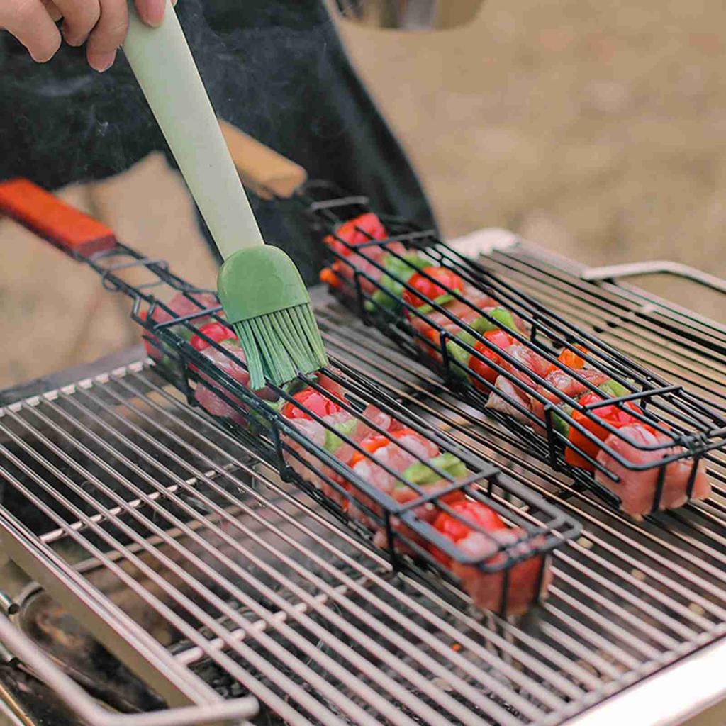 Camping BBQ Grilling Basket Charcoal Grill Outdoor Grill Tool Picnic Portable Wood Handle Roasting Meat Accessories