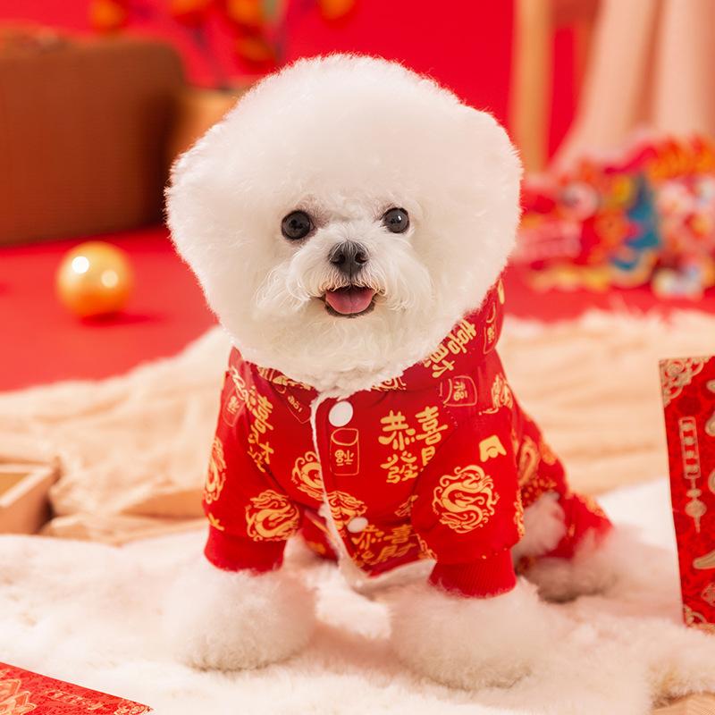 New Year's Eve printed dragon pattern puppy dog clothes autumn and winter warm hat four feet festive New Year's greeting pet cotton-padded clothes