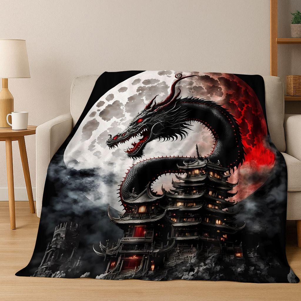 Magic Dragon Mythology Art Chinese Loong Cartoon Flannel Blanket,Cozy Soft Throw Blanket for Home Bedroom Bed Sofa Cover Kid