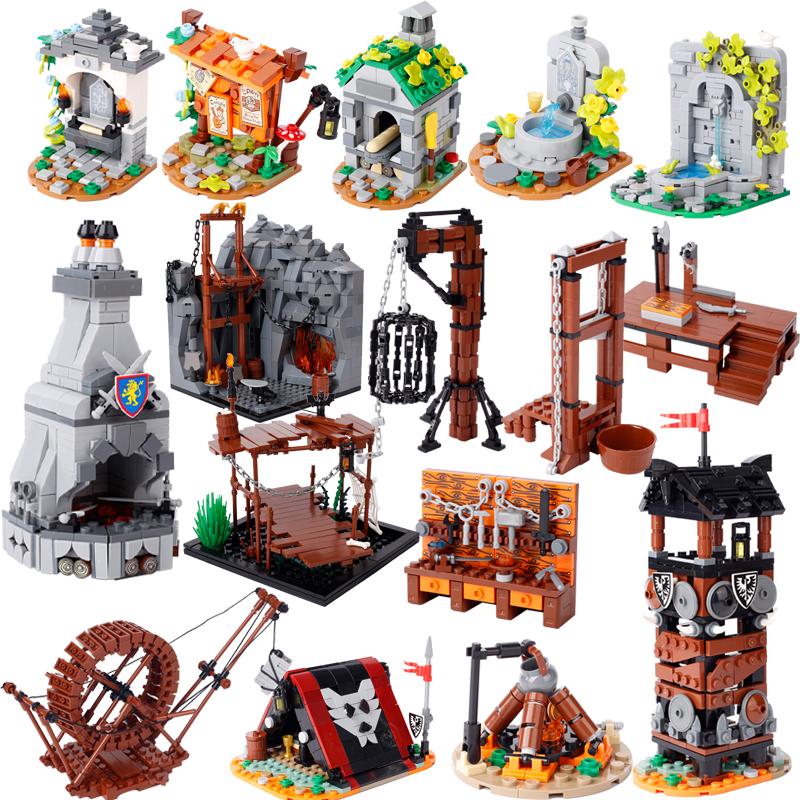 MOC Кубики Игрушки Оружие Средневековый Город Строительные Блоки Фигурки Солдат Сторожевая Башня Дозорная Башня Подвесная Клетка Щит Аксессуар Дети