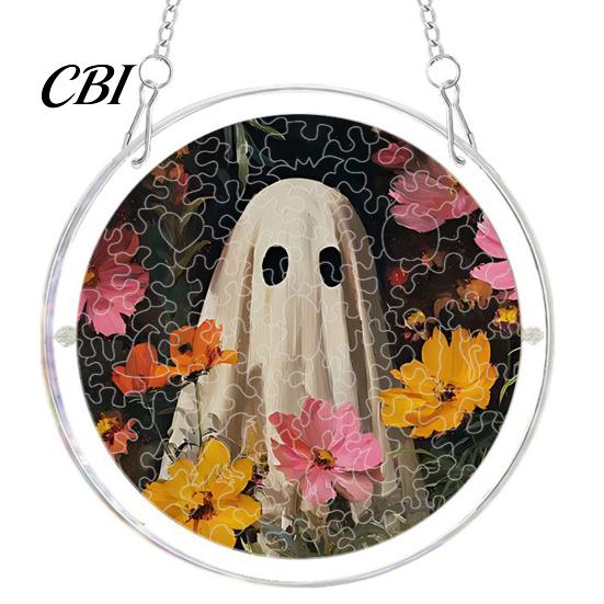 Clear Acrylic Halloween Hanging Suncatcher Jigsaw Puzzle Set, Spooky Ghost Floral Meadow Window Ornament with Metal Lightweight Frame & Chain,