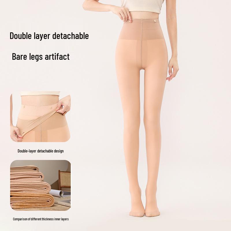 Detachable Button Double-Layer Nude Pantyhose: Velvet No-Fall Leggings for Autumn/Winter