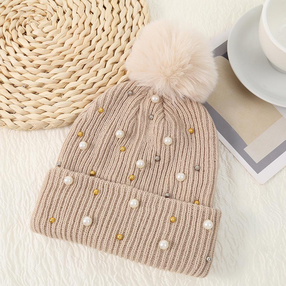 Korean Winter Pearl Rivet Pom Pom Woolen Hat for Women