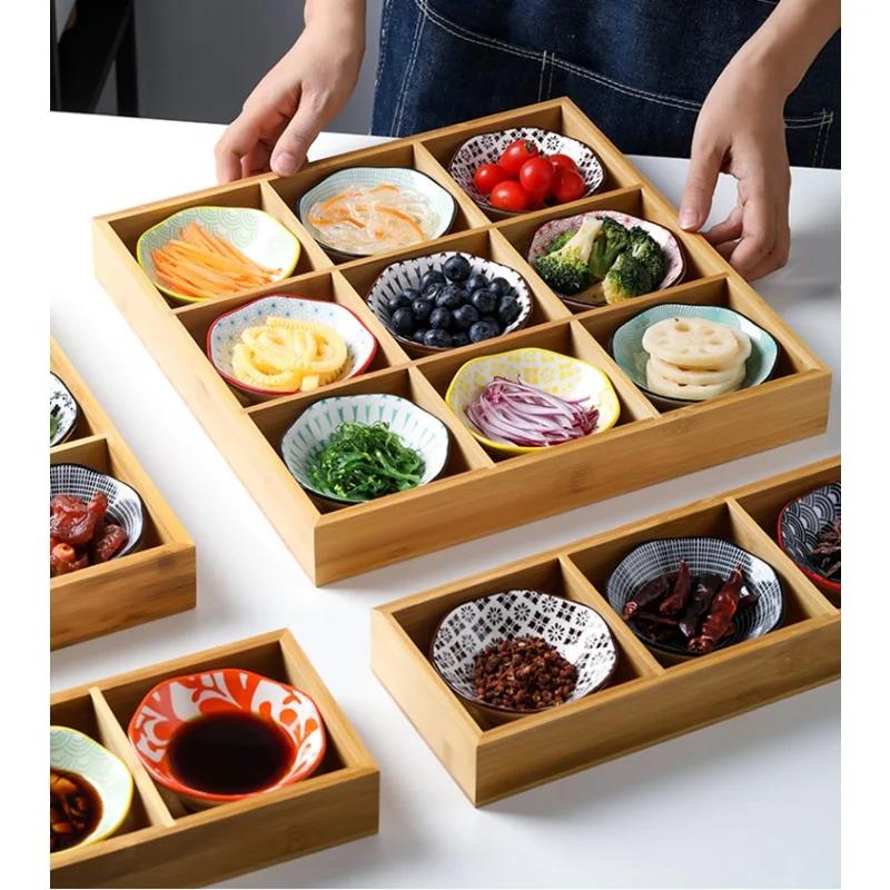 Креативный сетчатый поднос из девяти квадратов, поднос для гарнира с горячим горшочком, разделитель, бамбуковая тарелка для закусок, поднос, деревянная коробка, поднос с блюдцем
