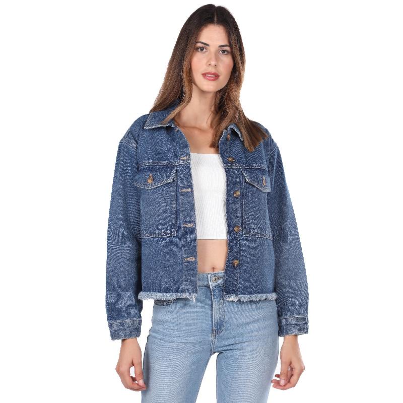 Blue White Women's Jean Jacket with Pockets