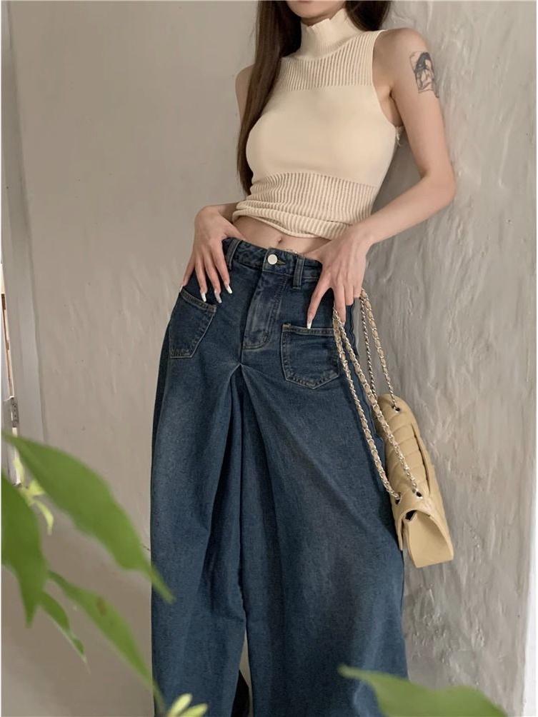 Летний пикантный топ-майка без рукавов с высоким воротом, вязаный кроп-топ - Женский французский ажурный короткий верхний слой