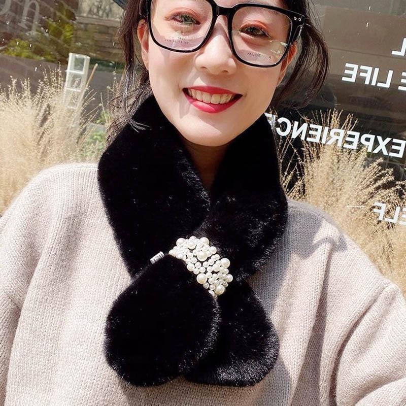 Women Winter Net Red Thicken Solid Color Faux Rabbit Fur Plush Cross Collar Scarf Shawl