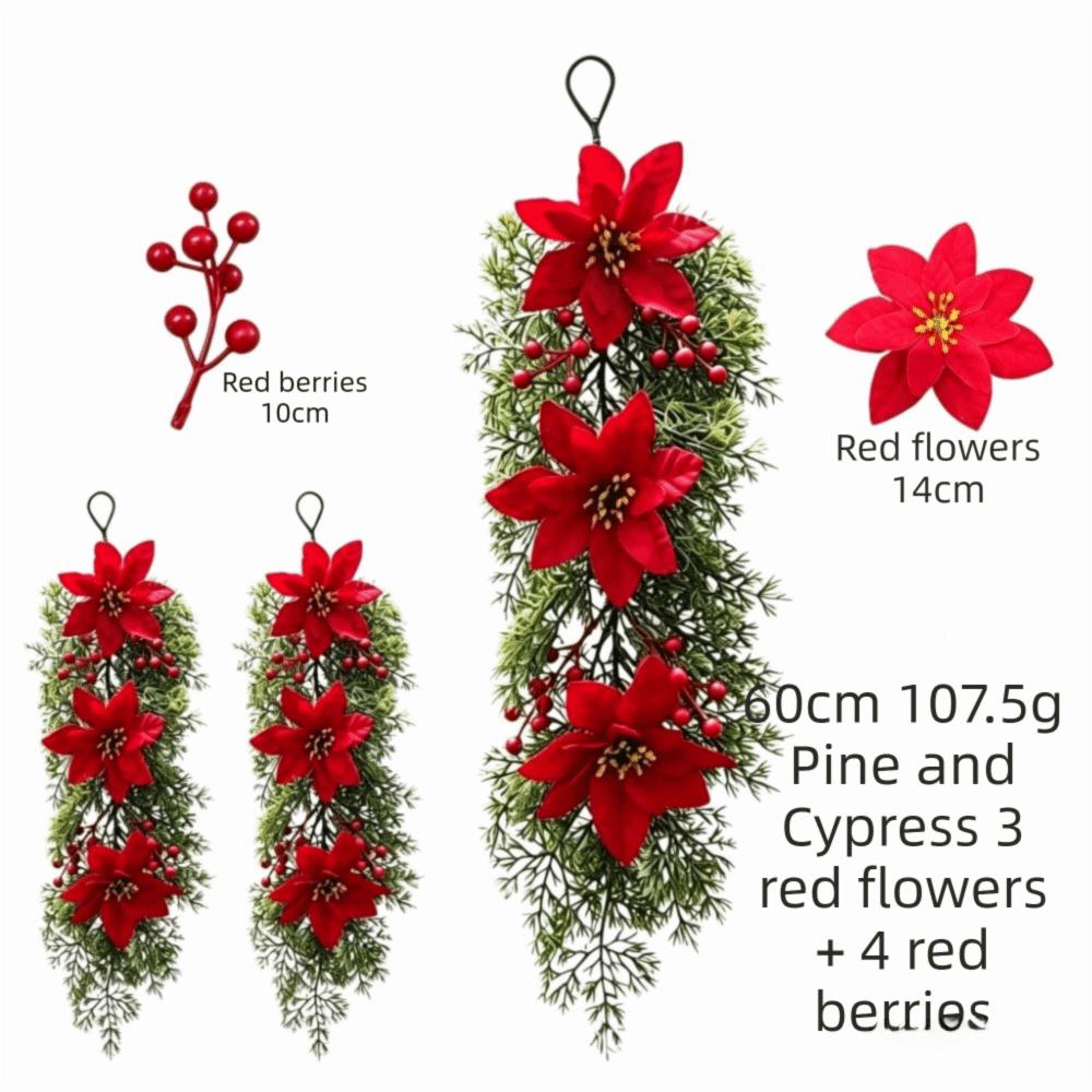 Wall-Mounted Artificial Pine Branch Hanging Poinsettia Flower Hanging Ornament Home Party