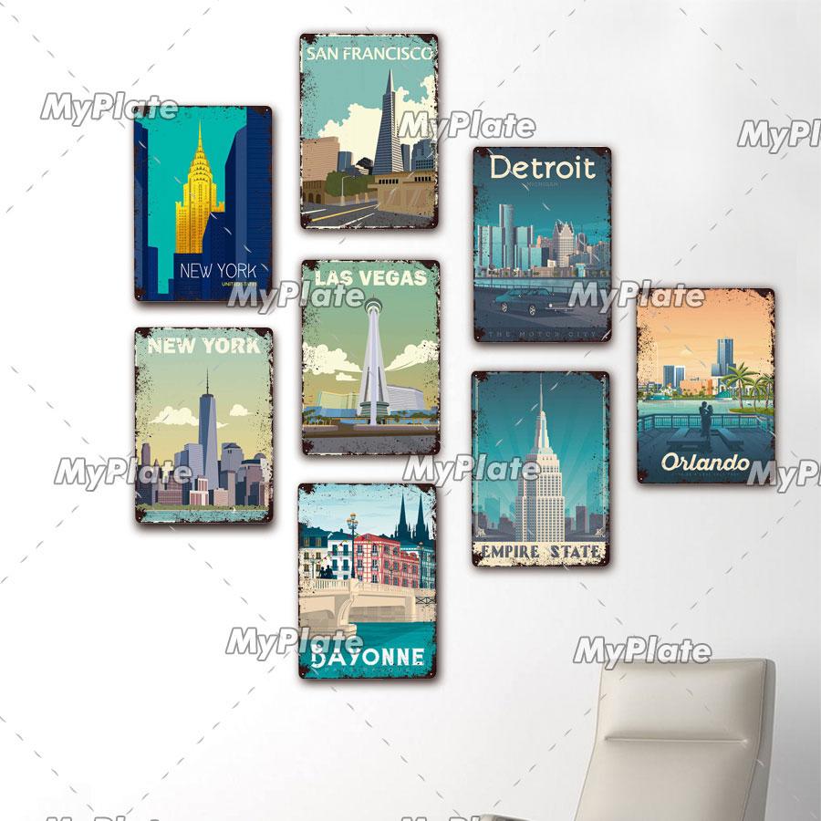 USA Tin Signs Vintage Metal Sign City Plaque Wall Decor for Garage Bar Pub Man Cave Decorative Plate Iron Country Painting