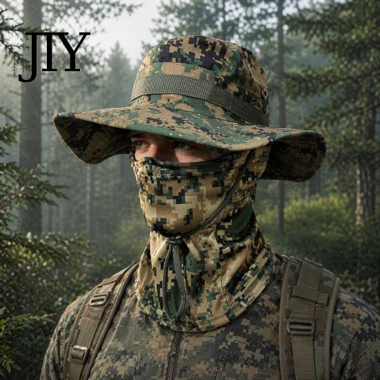 Sun Protection Hat Camouflage with Balaclava Face Mask, UV Men Wide Brim Hat, Breathable Bucket for Outdoor Fishing Hiking Cycling