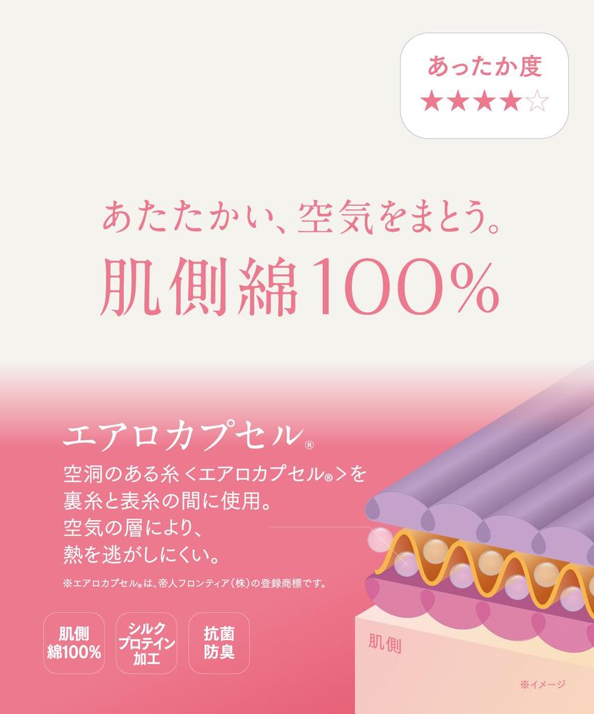 Warm Cotton Narrow Long PO Wing/Wacoal Women's Innerwear, 100% (Skin Side), Lightweight, Neck, 3/4 Sleeve, Sleeve, Autumn/Winter, EL2950,