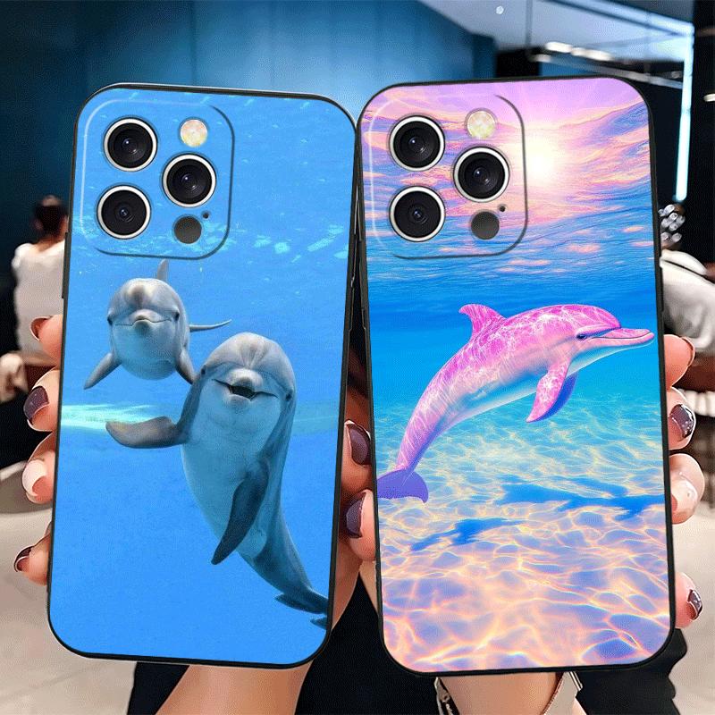 Милый Дельфин из Океана Мягкий Чехол для Телефона для iPhone 16 16E 17 Air 15 Pro Max 14 Plus 13 Mini 11 12 7 Черный Чехол Задняя Панель