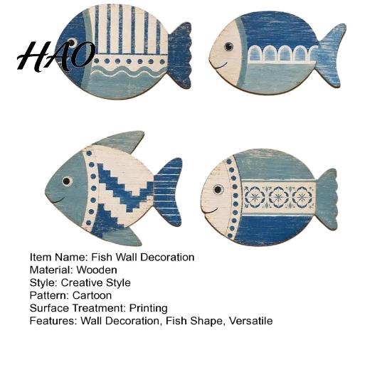 Geometric Pattern Wall Hangings 4PCS Wooden Fish Decoration, Rustic Mediterranean Style Hanging Plaques, Blue White Distressed Seaside Interior