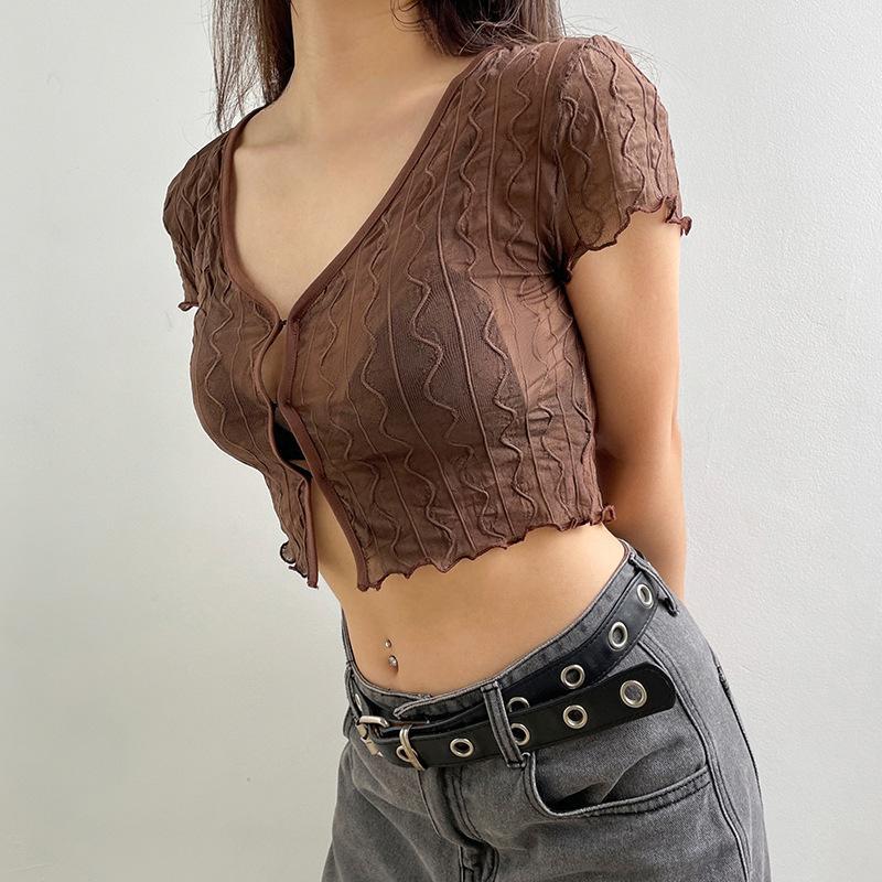 Women Retro Perspective V-neck Hollowed Cardigan T-shirt Tops Fashion Agaric Edge Short Bare Navel Top