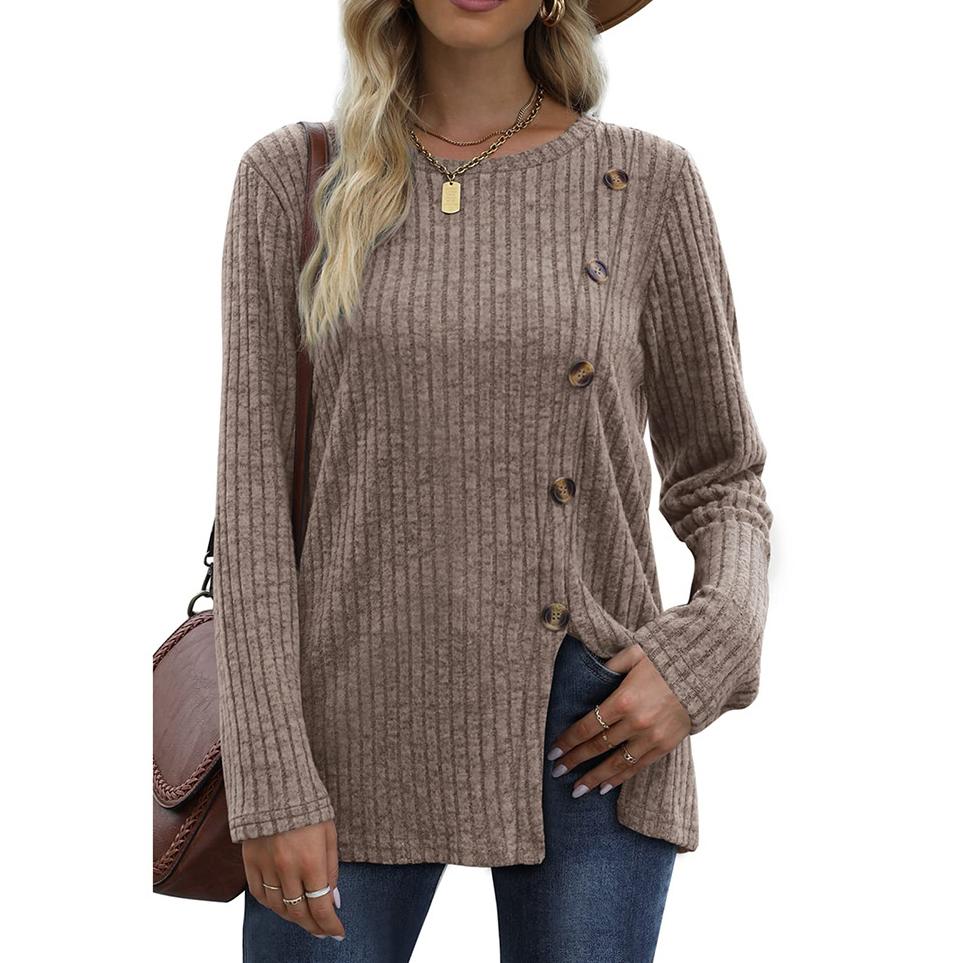 Женская повседневная футболка с длинным рукавом и круглым вырезом, модная осенняя повседневная однотонная футболка с длинными рукавами для женщин