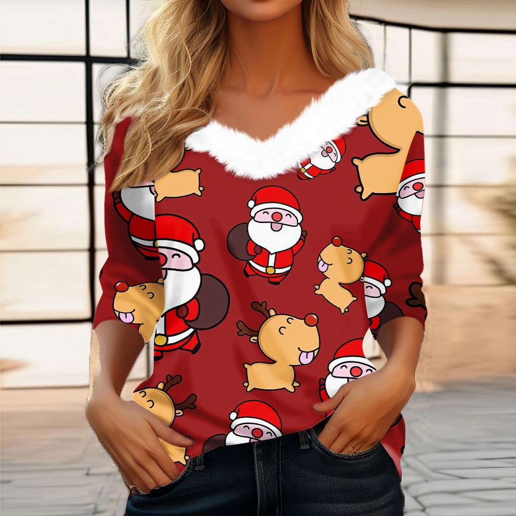 Женская мода с длинным рукавом и рождественским принтом, праздничный воротник, V-образный вырез