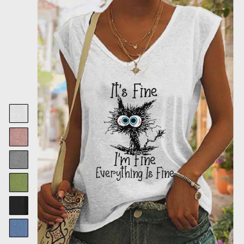 Свободный жилет с V-образным вырезом и рукавами-крылышками 2024 года с принтом черного кота