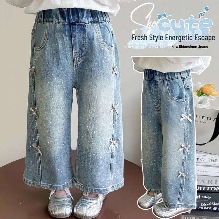 Girls' 2026 Spring Rhinestone Star Denim Jeans - Drapey Straight-Leg Casual Pants