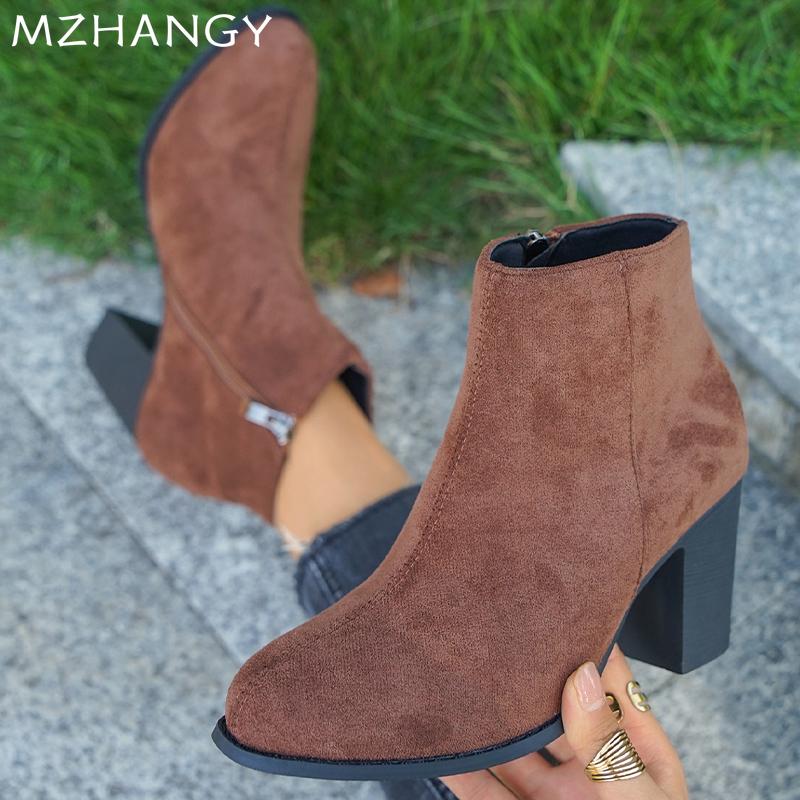 Женские замшевые ботильоны Элегантные туфли на высоком каблуке Женская мода 2025 года, модные зимние туфли в стиле ретро, зимние ботинки челси Mujer