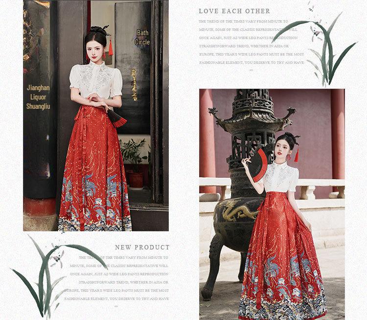 6521 Authentic Chinese Hanfu Embroidered Short-Sleeve Top & Starry Sky Satin Skirt Set