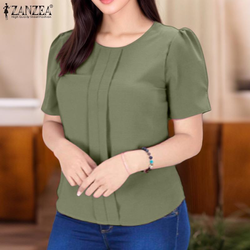 ZANZEA Women Casual Round Neck Solid Color Short Sleeve Blouse
