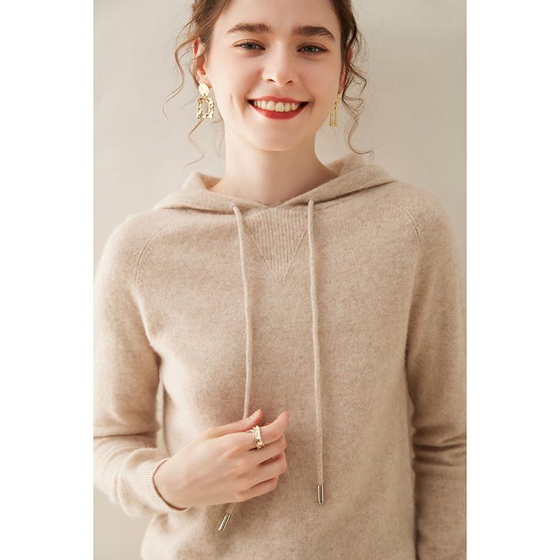 Женский кашемировый свитер с капюшоном - Осенне-зимний, свободного кроя, повседневный, вязаный пуловер с длинным рукавом