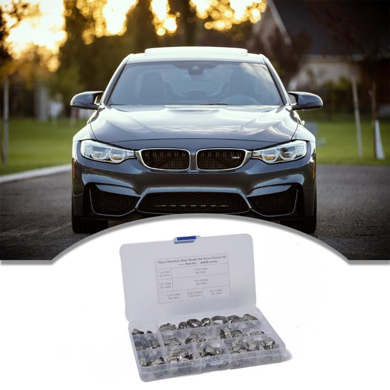 70 шт., 7 размеров, хомуты для шлангов с одним ухом из нержавеющей стали, набор обжимных хомутов, ушные зажимы, кольца, обжимные кольца