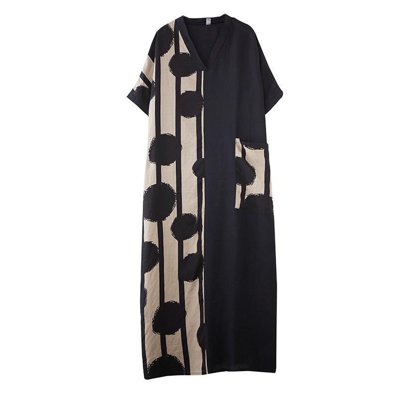 Женское летнее тонкое платье с V-образным вырезом и коротким рукавом в стиле пэчворк, длинное