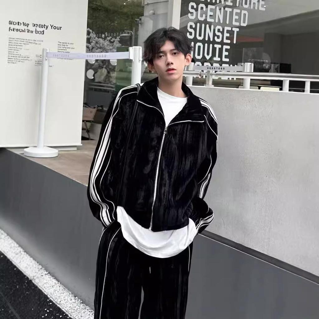 Осенний стильный полосатый свитшот из золотого бархата, спортивный костюм из двух частей для пар для мужчин