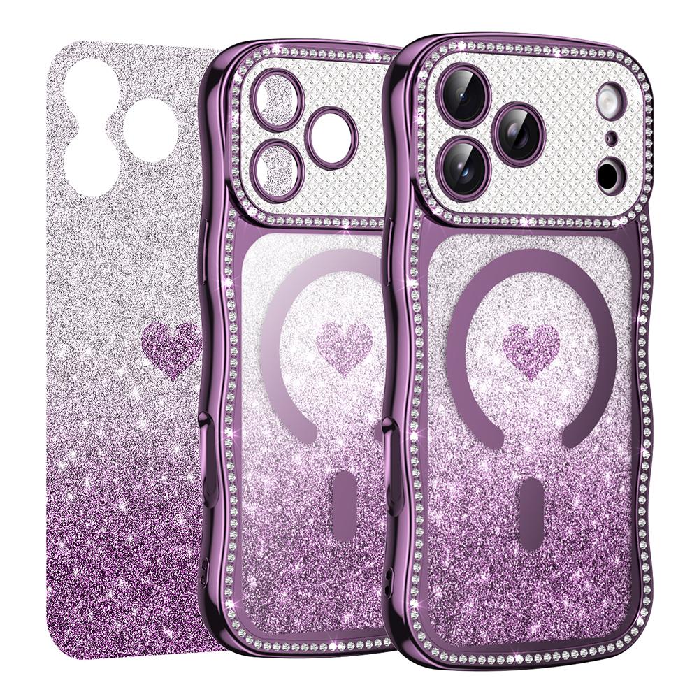 Для iPhone 17 Pro Магнитный чехол Электроокрашенный Волнообразный каркас Декор из страз ТПУ ПК Чехол для телефона с блестящей бумагой в виде сердца