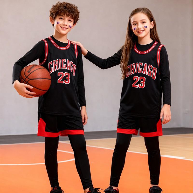 Kids Basketball Uniform Set 4-Piece Long Sleeve Jersey Compression Base Layer Boys Girls Youth Team Sports Fall Winter