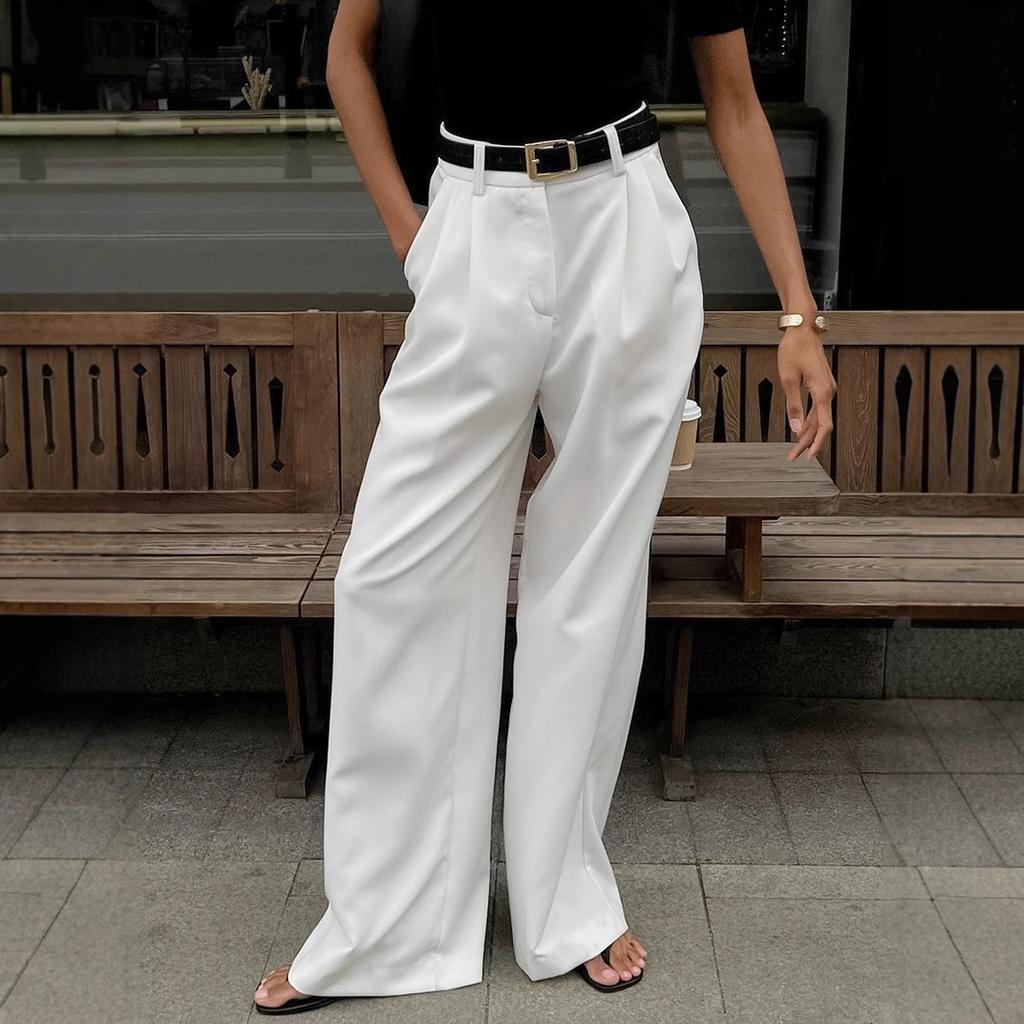 Women White Wide Leg Casual Suit Pants Spring Autumn High Waist Straight Leg Loose Pants Female Trousers