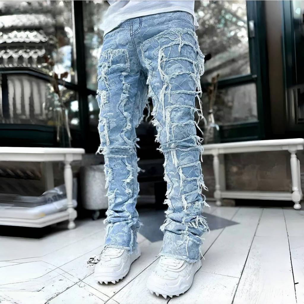 GLYDE Casual Distressed Men's Jeans Tassels Patchwork Design Vintage Washed Stretch Denim Pants Straight Fashion Streetwear Trousers