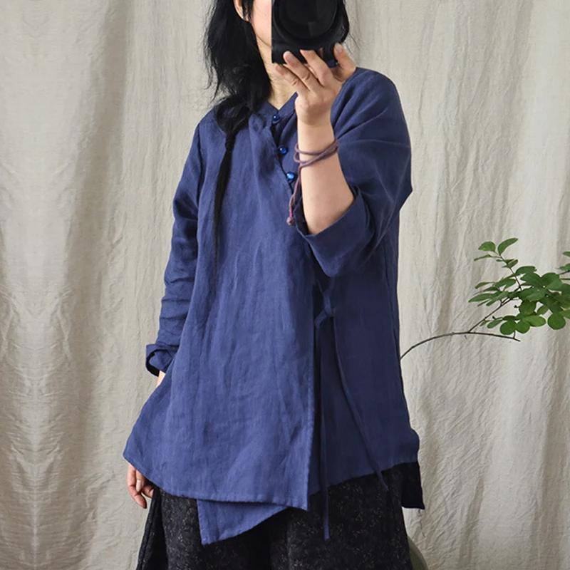 Johnature Женские рубашки в китайском стиле, топы, однотонные, с длинным рукавом, блузки, весенние женские рубашки на пуговицах
