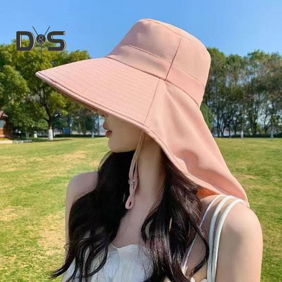Women Sun Hat Large Brim Sun-Blocking Design Breathable UV Protection Hat Solid Color Adjustable Drawstring Outdoor Tea Hat