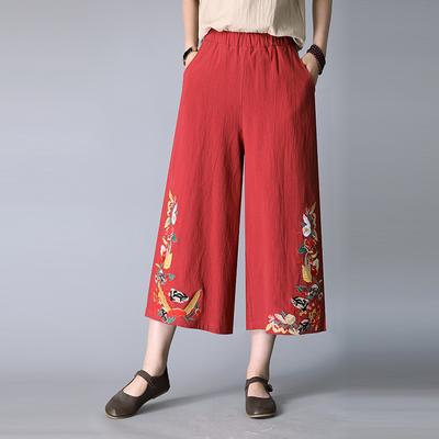 Брюки с широкими штанинами на резинке, вышитые женские брюки, хлопковые свободные повседневные брюки, вышитые