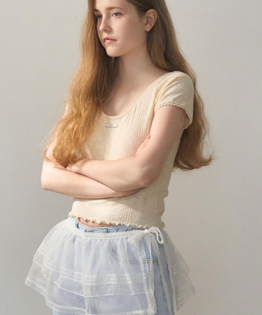 HAINT Frill U-Neckline Eyelet Semi Crop T-Shirt 2Col_Cream