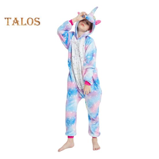 Flannel Lounge Jumpsuit with Exclusive Animal Hat Bright Colored Pajamas Long Sleeve Starry Pattern Cartoon Style Lounge Kids Daily Wear