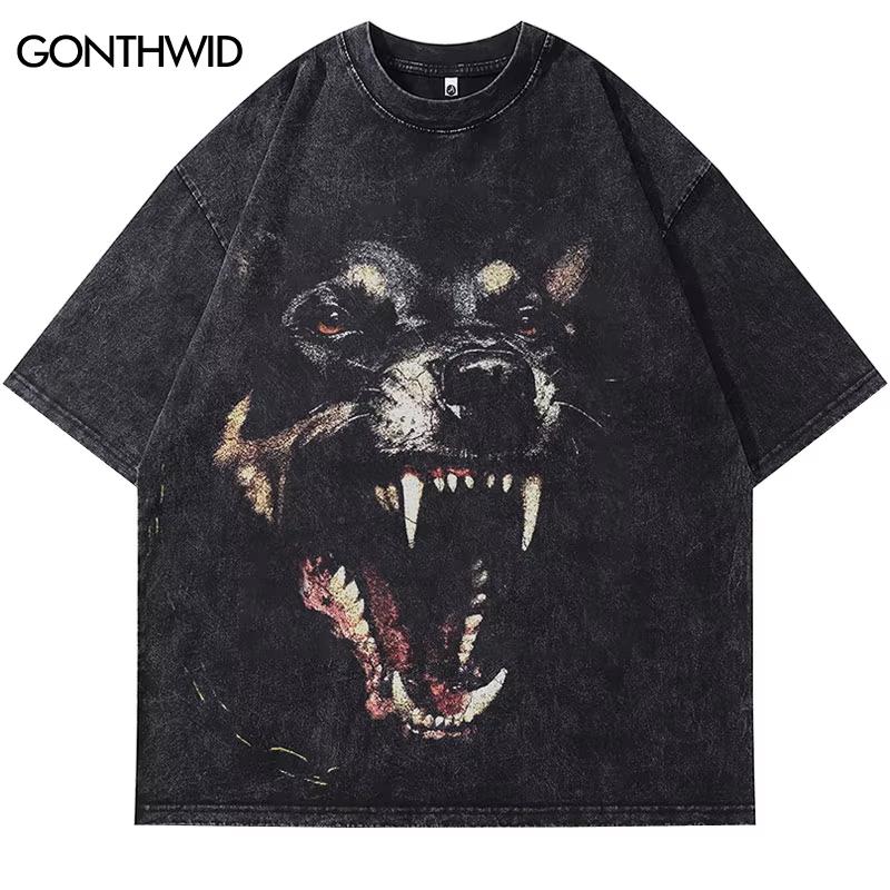 Уличная одежда Beast Rottweiler Dog Vintage Black Washed T-Shirt T-Shirt Punk Gothic Loose Harajuku Top Oversize Yk2 Tee Unisex