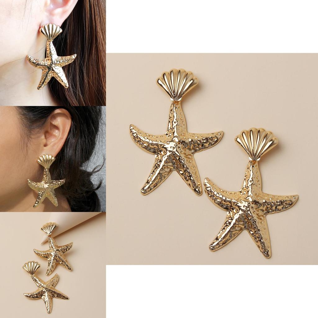 Fashionable Shell Gold Starfish Design Women Metal Earrings For Summer Beach