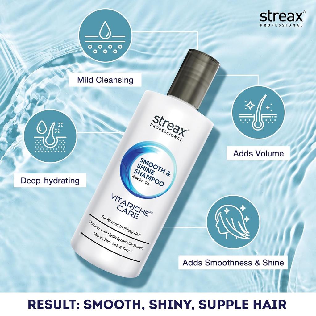 Streax Professional Vitariche Care Smooth Shine Shampoo For Women 300ml Nourishing Hair Frizz Control