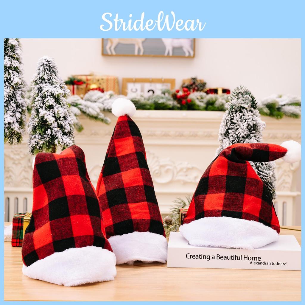 Modern Minimalist Red And Black Checkered Holiday Hat With Plush White Pom Poms