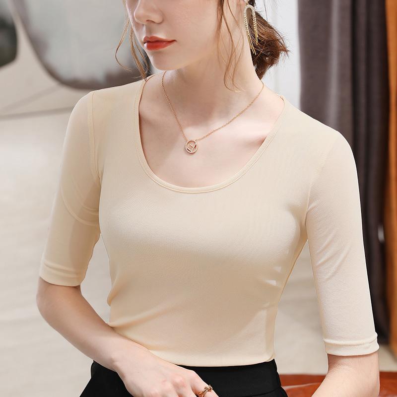 Женская новая женская одежда с большим круглым вырезом, сетчатая футболка, однотонный топ