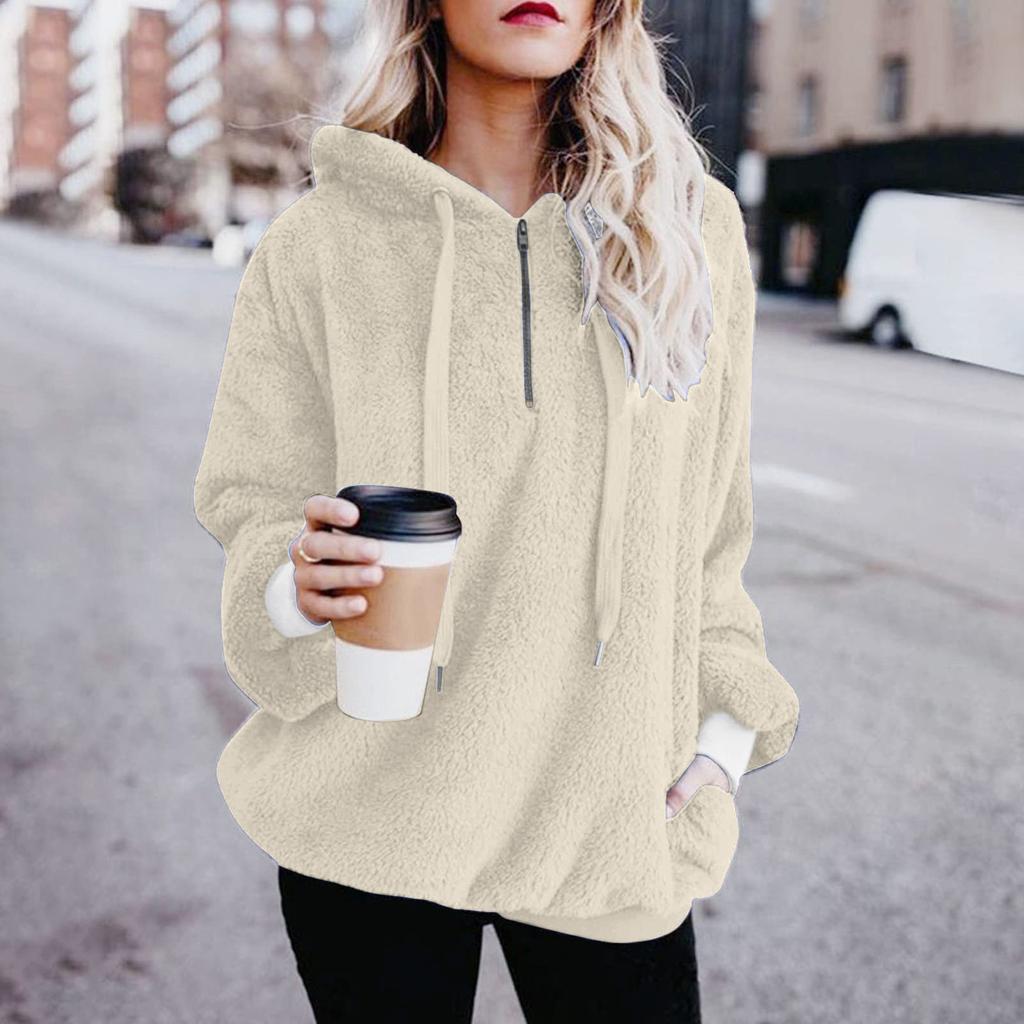 Женская мода сплошной цвет с капюшоном в стиле пэчворк с длинным рукавом на молнии плюшевая толстовка