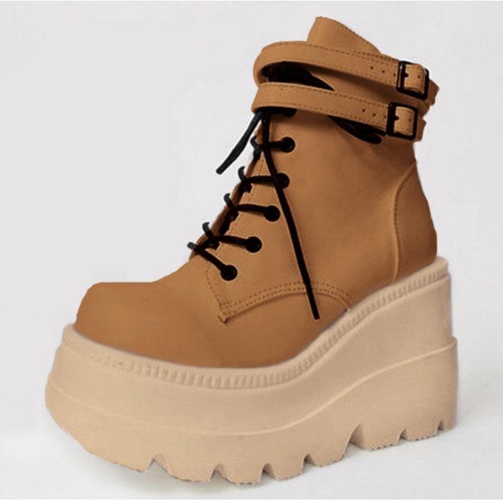 Женские мотоциклетные зимние сапоги Botas с пряжкой, женские панк-сапоги на платформе, танкетке, высоком каблуке, из искусственной кожи, женские сапоги Botas Mujer для повседневного использования